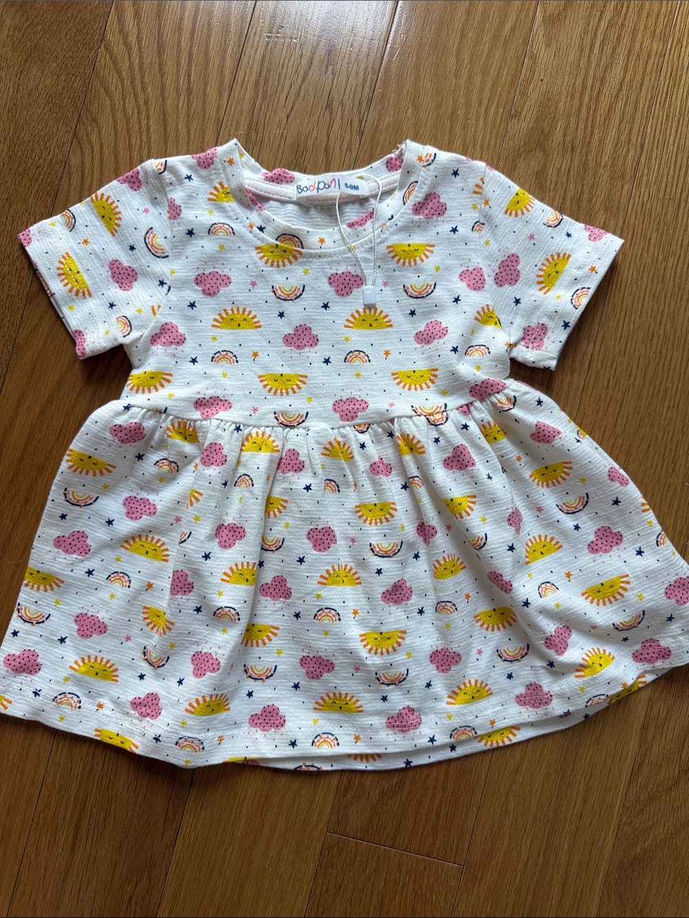 Bodenesque White Dress with Yellow Sun Pink Cloud and Navy Stars